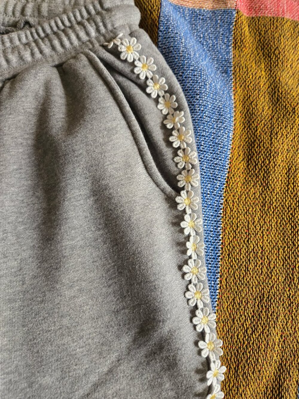 Ban.do large gray cropped sweatpants with daisy chain style along the sides